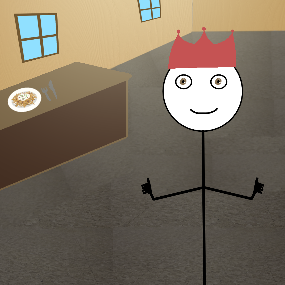 A totally real picture of the inside of The Potato Princess, and not a poorly drawn representation. A stick figure stands right of the center and at the forefront of the image. It wears a red crown. There is a ridgid brown counter. On it there is a white plate with golden brown squiggles to represent french fries. There is a dollip of white on top, speckled with fresh green and small chunks of red. Beside it is a crude silver fork and knife. Along the wall on the left side there are two windows with a brown frame and pure sky blue outside